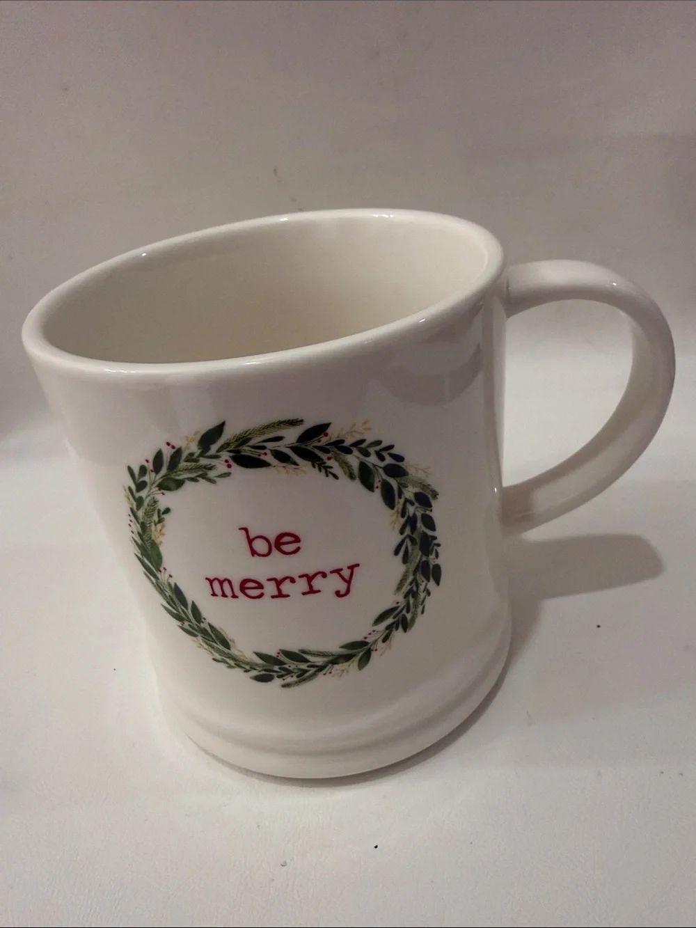 Threshold White Ceramic Mug Green Wreath Red be merry Text 3 1/2 X 4 in tall